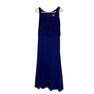 Alex Evenings Maxi Dress Sz 8 Petite 8P Navy Blue Sparkly Chiffon Lined Formal